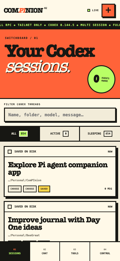 ComPInion Codex session list running in a phone-sized browser